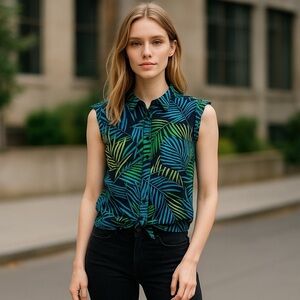 Versona sleeveless button top blouse summer vacation vibe blue green blk  rayon…